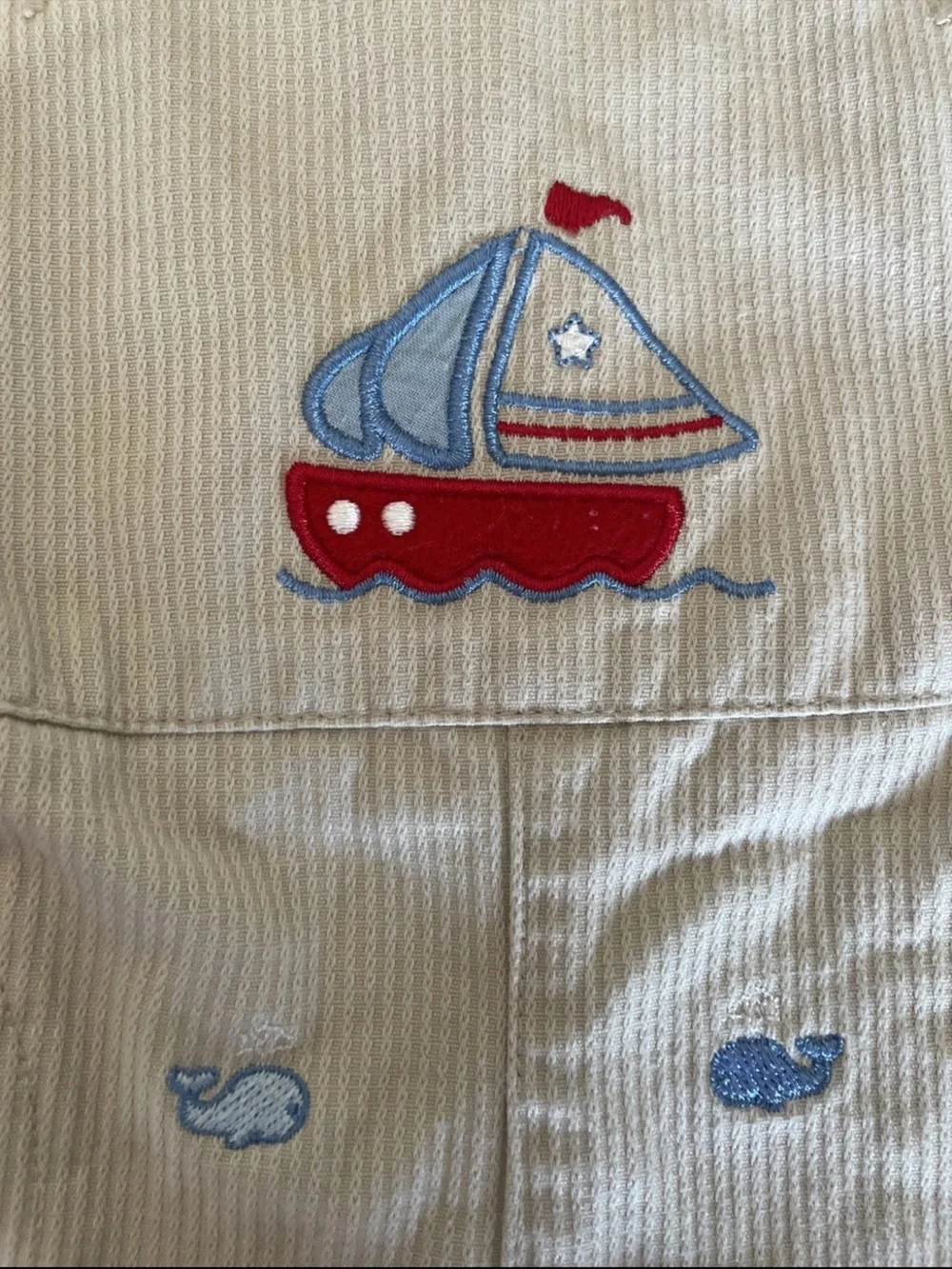 Little Me Beige Corduroy Overalls with Blue Whale and Red Boat